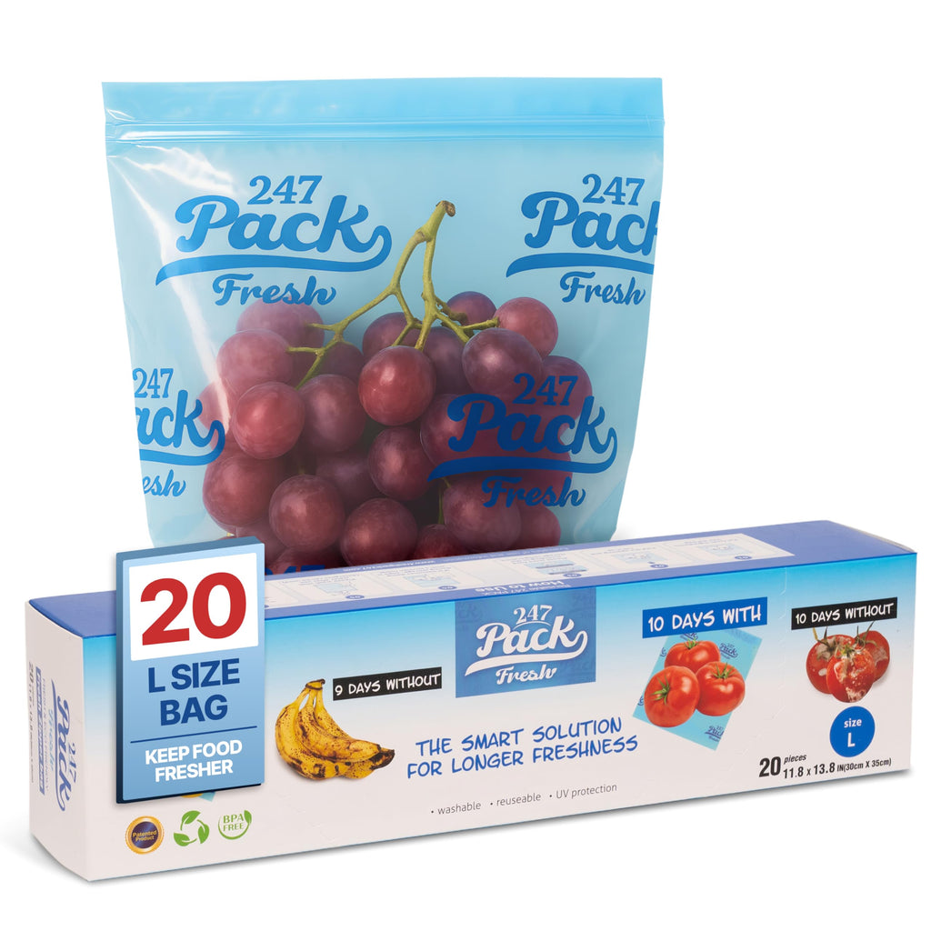 Freshpack 247 Produce Storage Bags Size L 12 x 14 Inches 1.5 Gallon Reusable Food Storage Bags With Zipper For Fruits Vegetables Meal Prep Lunch Pantry Use